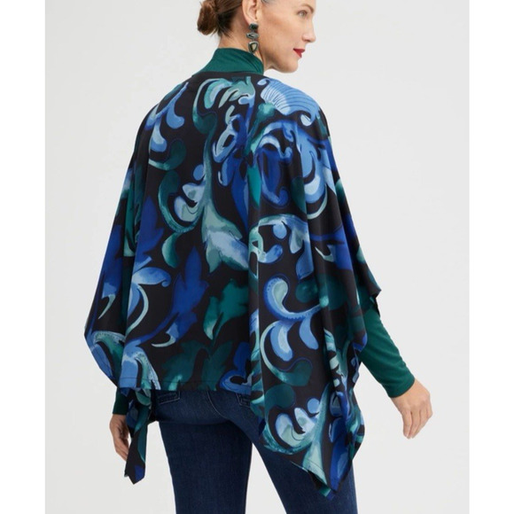 Chicos Scroll Print Woven Poncho Top S/M Blue Green Black Lightweight - Picture 3 of 11